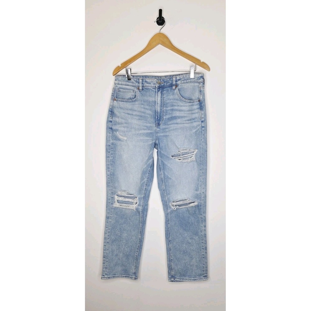 American Eagle Mom Straight Jeans Women's size 12 High‎ Rise Distressed Denim